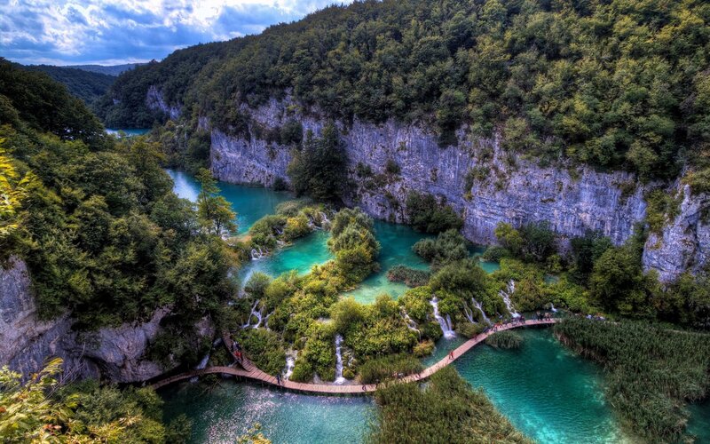 Plitvice Lakes Waterfalls — Green, Serene, Afternoon, Photograph, Forests, Walkway, Cliffs, Blue