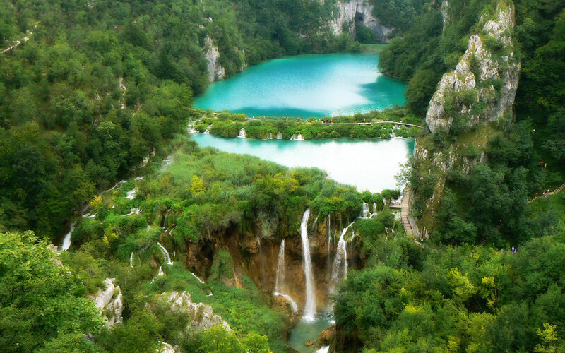 Plitvice Lakes Waterfalls — Green, Serene, Afternoon, Photograph, Forests, Walkways, Cliffs
