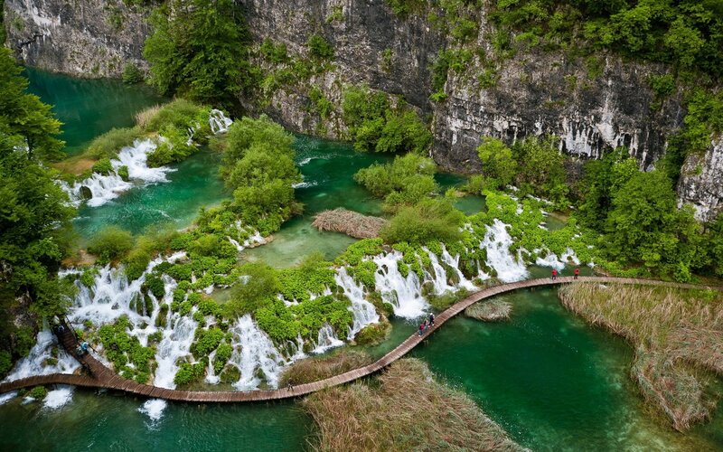 Plitvice Lakes Waterfalls — Green, Serene, Afternoon, Photograph, Wooden Walkway