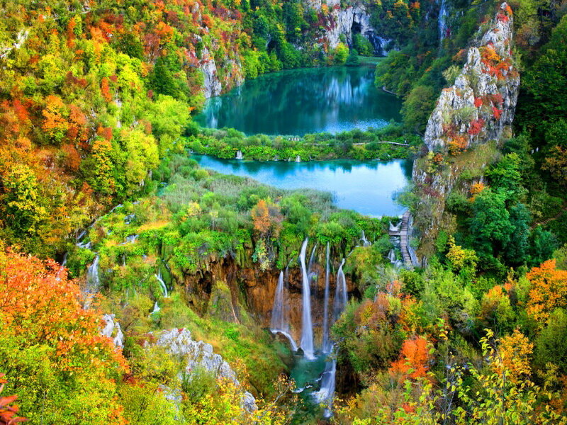 Plitvice Lakes Waterfalls — Green, Serene, Autumn, Photograph