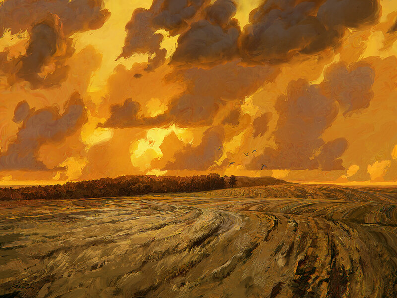 Plowed Field at Sunset — Orange, Dramatic