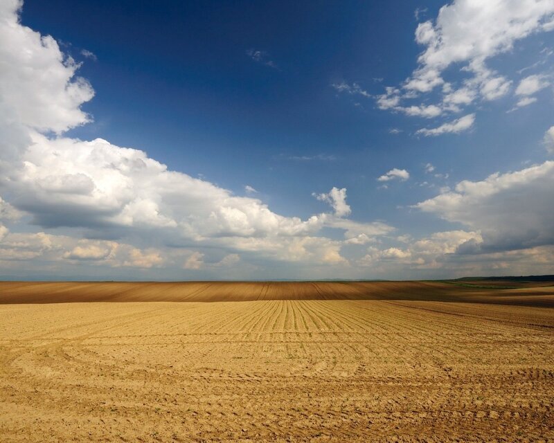 Plowed field under cloudy sky