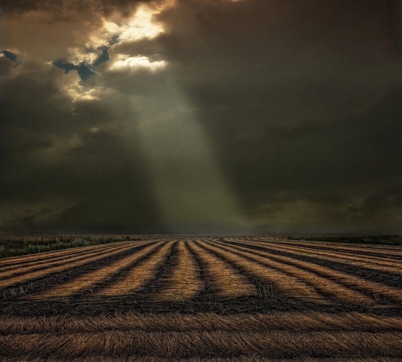 Plowed Field under Stormy Sky — Brown, Dramatic, Afternoon, Photograph, Clouds, Sunlight