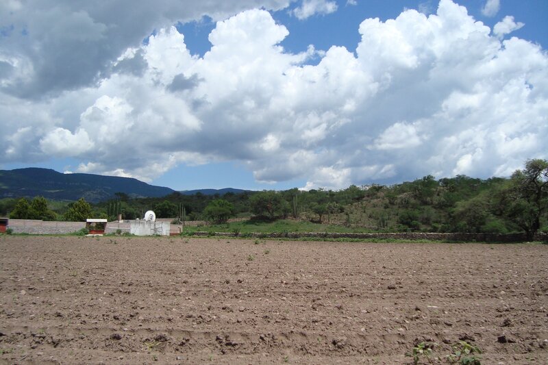 Plowed field with mountains