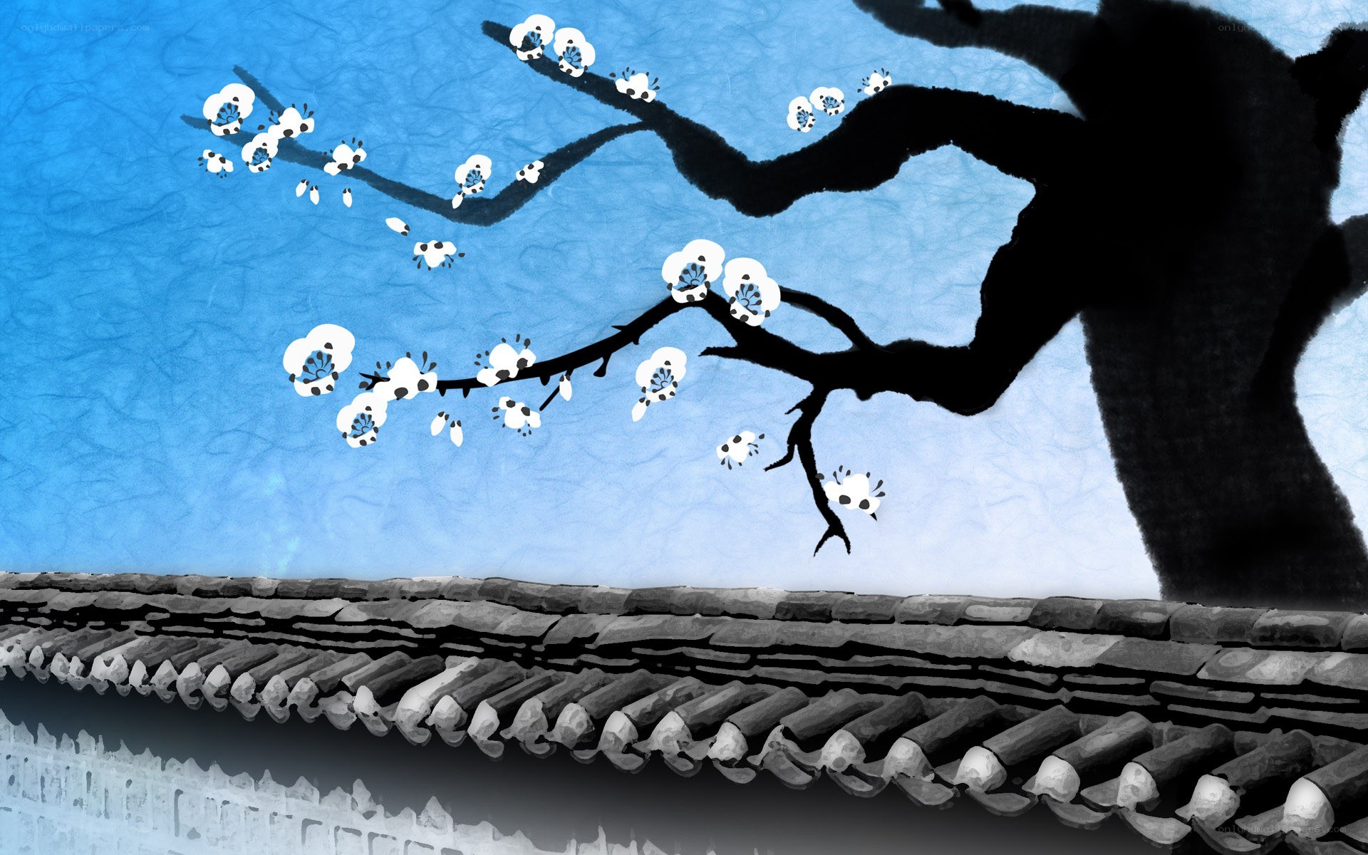 plum blossoms on a roof