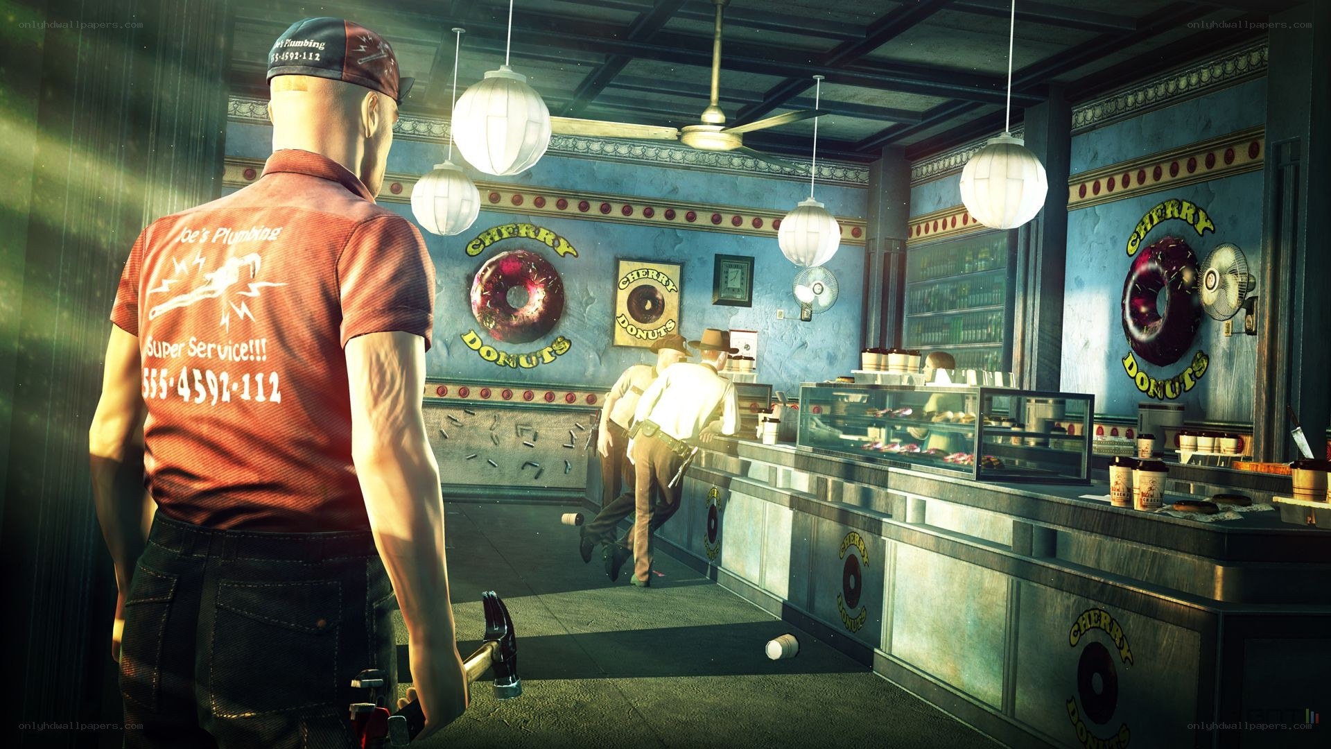 plumber in donut shop