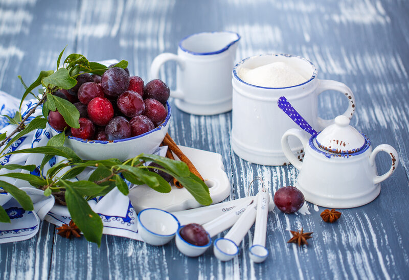 Plums and Baking Ingredients — Blue