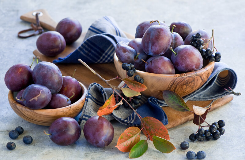 Plums and Berries in Bowls