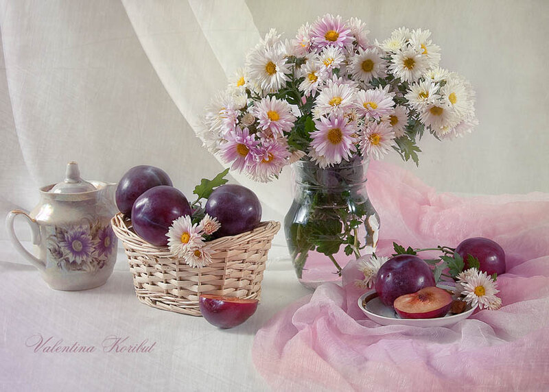 Plums and Daisies in Basket
