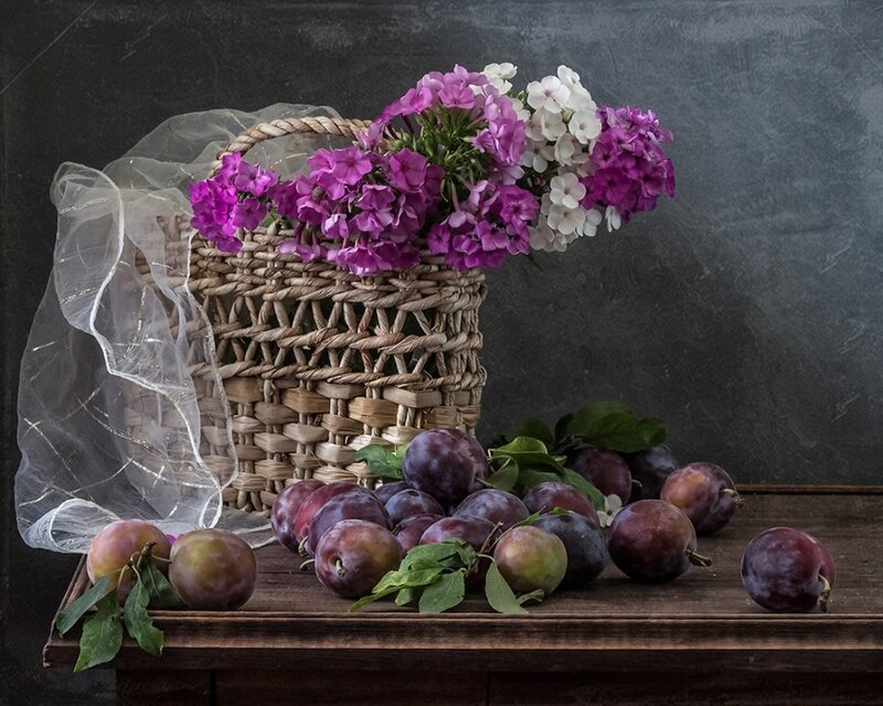 Plums and Flowers in Basket — Purple, Calm