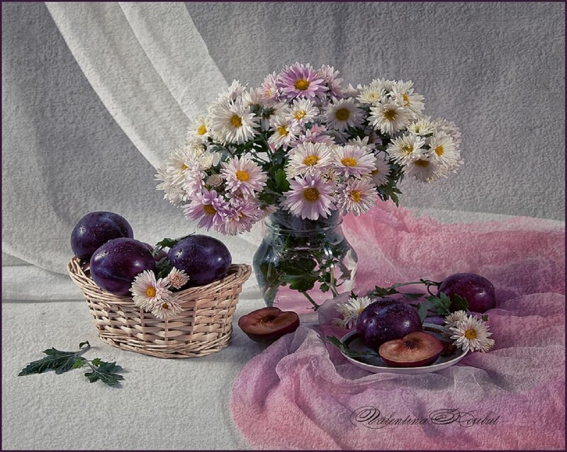 Plums and Flowers in Basket — Purple, Serene