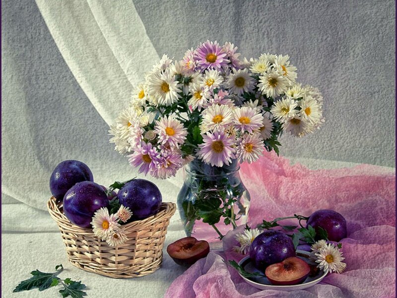 Plums and Flowers in Basket — Purple
