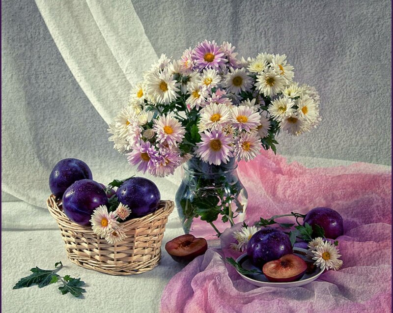 Plums and Flowers in Basket