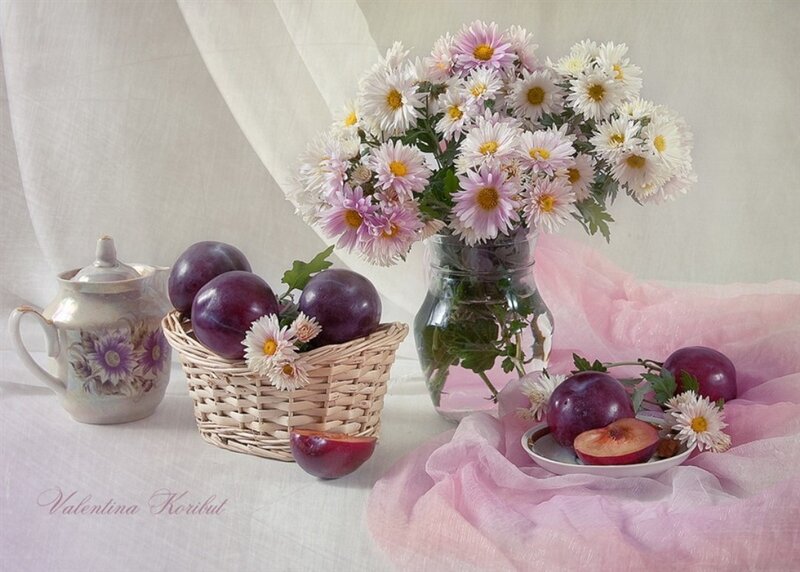 Plums and Flowers in Basket — White
