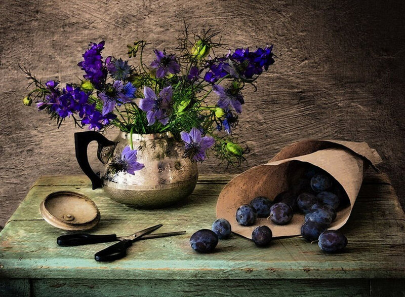 Plums and Flowers in Vase — Purple