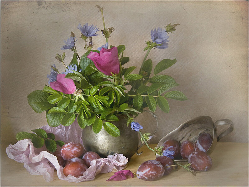 Plums and Flowers in Vase