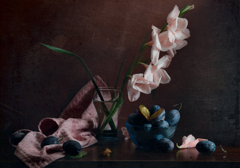 Plums and Gladiolus Flowers