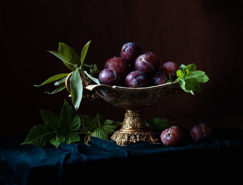Plums in a Bowl — Purple, Dramatic