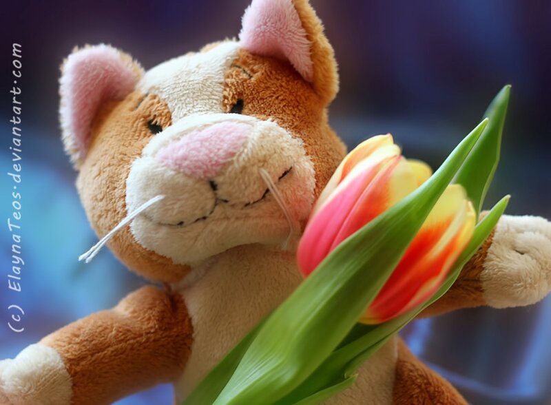 Plush Cat Holding Tulip
