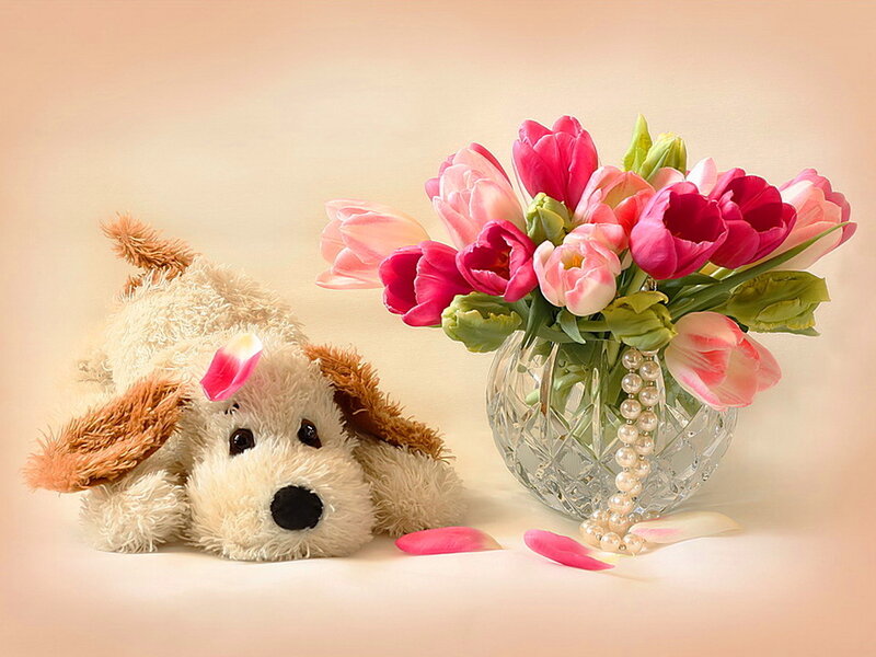 Plush Dog with Tulips