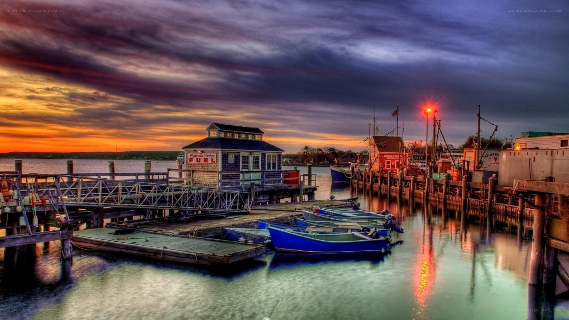 Plymouth Harbor at sunset