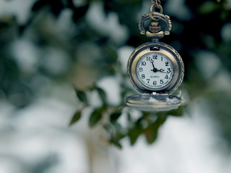 Pocket Watch in Snow — White, Serene, Winter, Photograph, Leaves