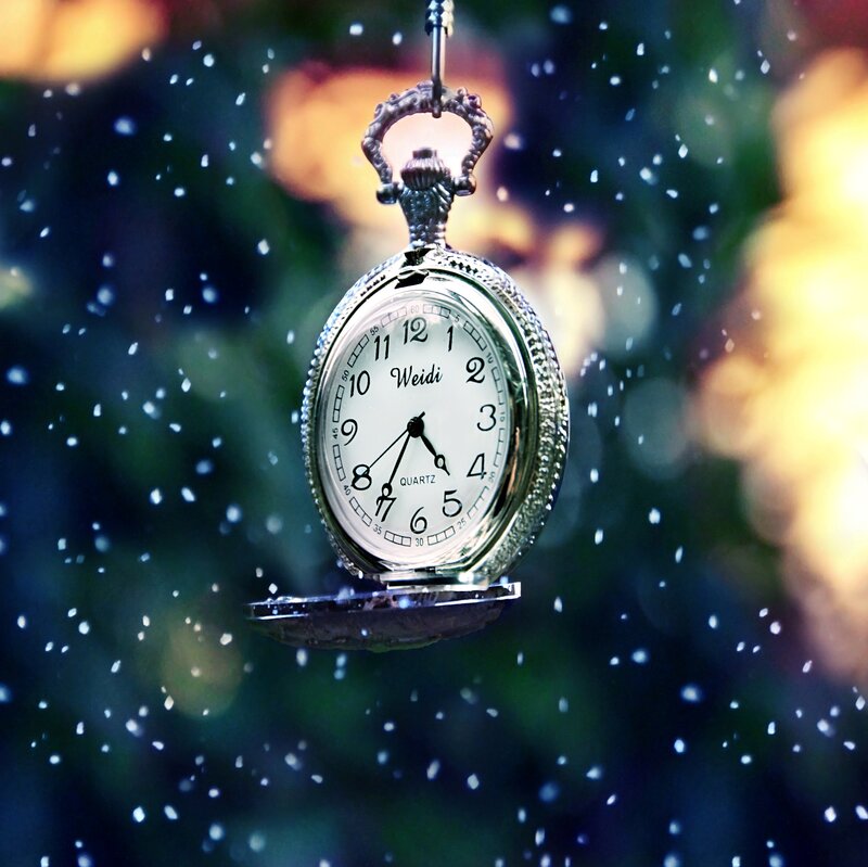 Pocket Watch in Snow — White, Serene, Winter, Photograph, Lights