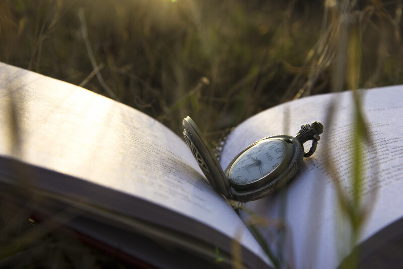 Pocket Watch on Book — White, Serene, Sunset