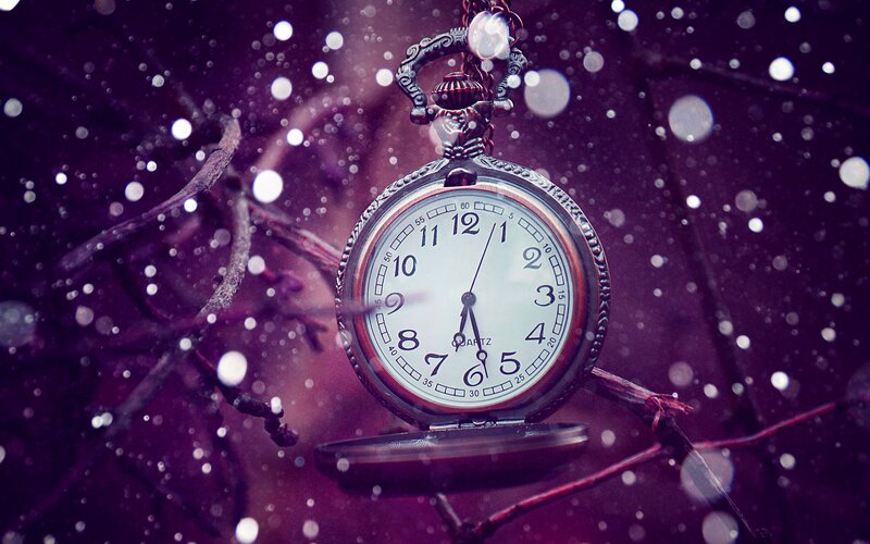 Pocket Watch on Branch — Purple, Dramatic, Night, Photograph, Snow, Clock