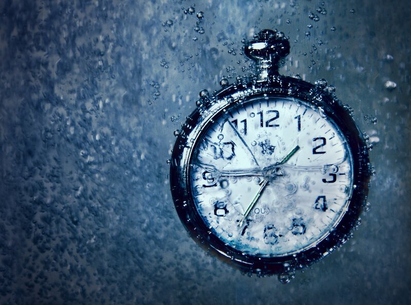 Pocket Watch Underwater — Blue, Dramatic, Photograph, Bubbles, Clock Face