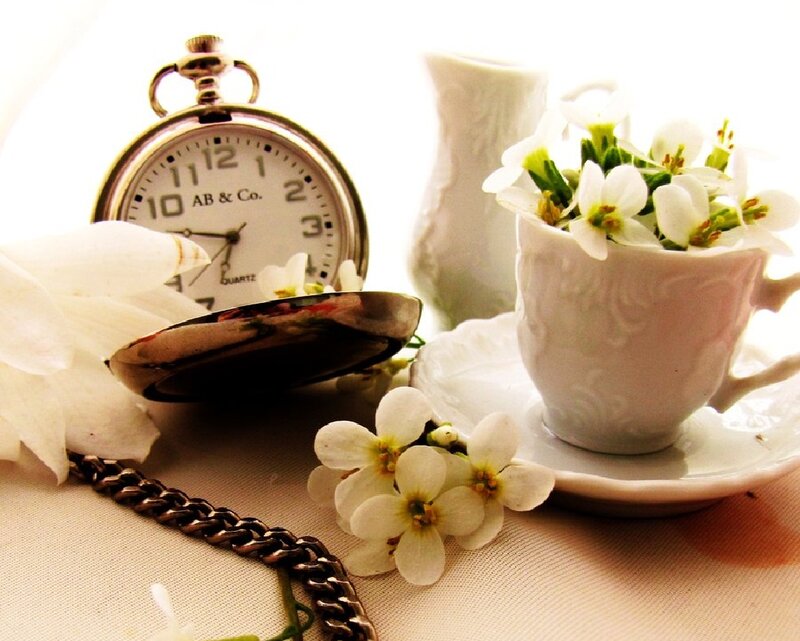 Pocket Watch with Flowers — White, Serene, Photograph
