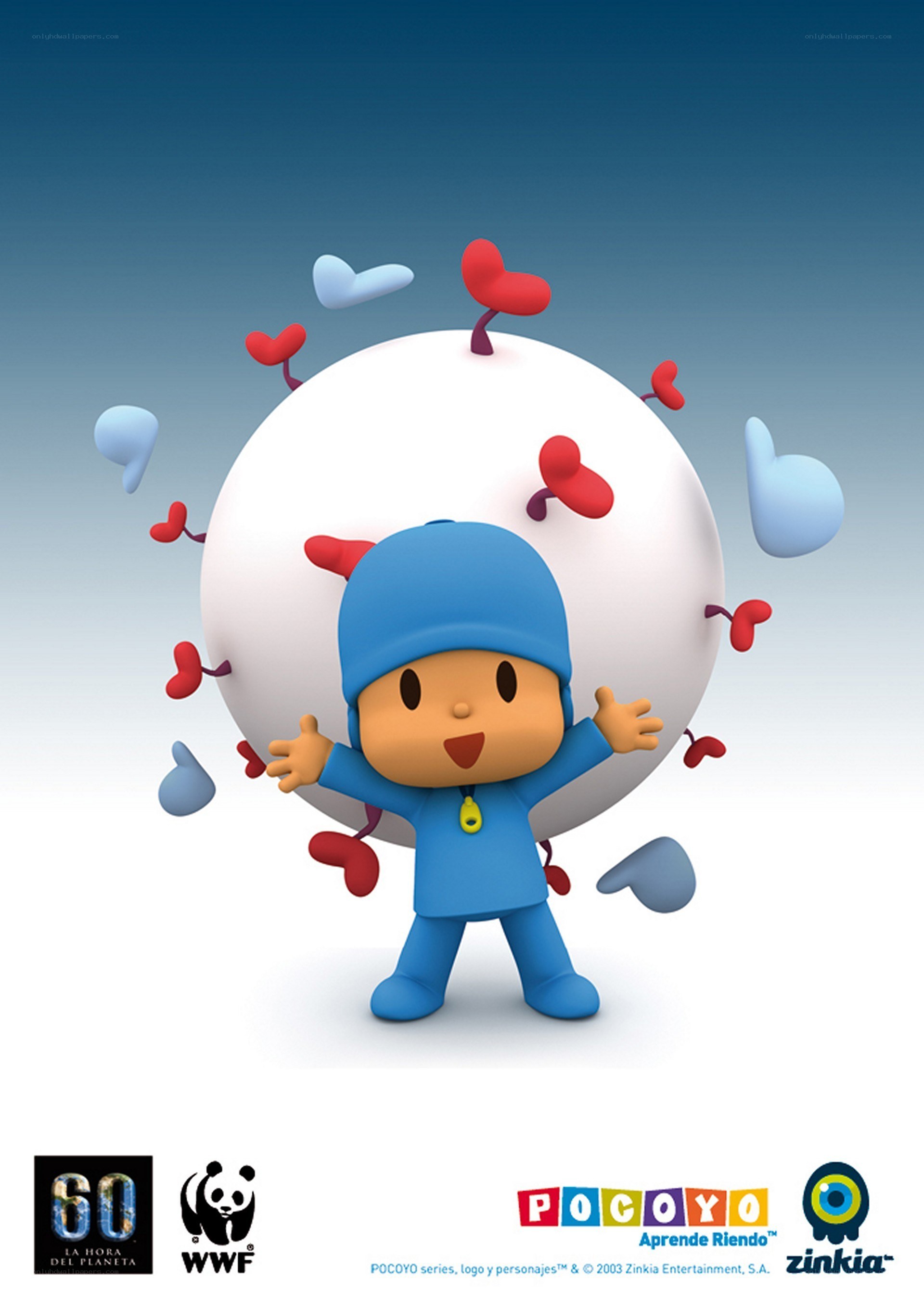 Pocoyo with heart-shaped creatures