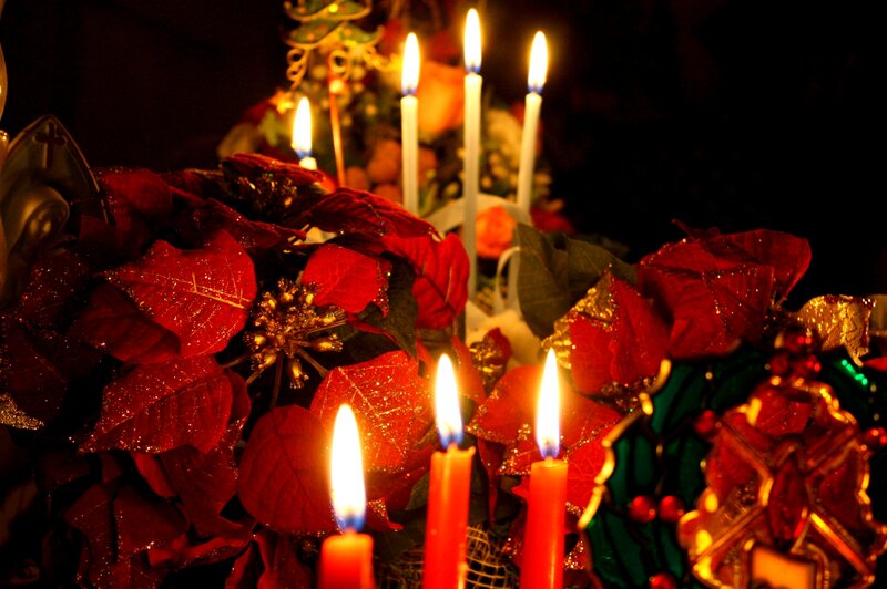 Poinsettia and Candles — Red, Festive, Night