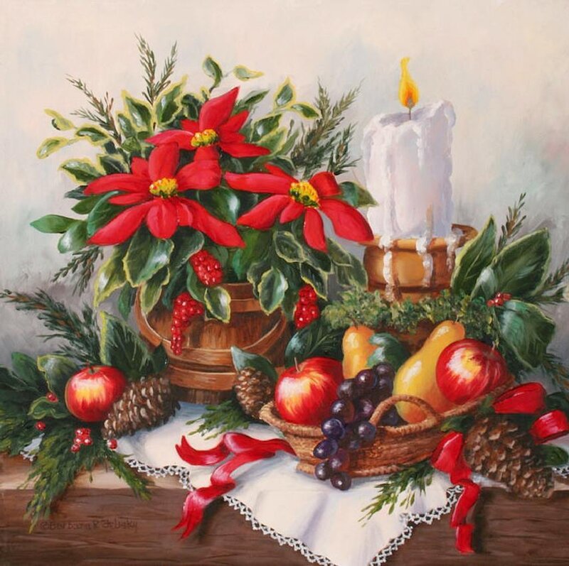 Poinsettia and Fruit Arrangement