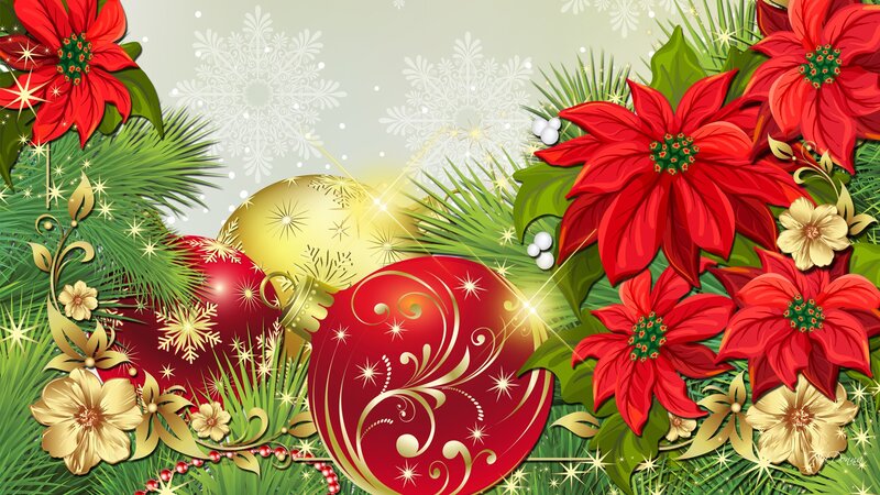 Poinsettia and Ornaments — Red