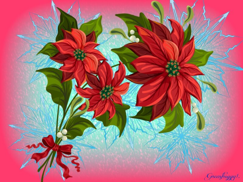 Poinsettia Flowers — Red, Festive, Winter, Digital Art, Snowflakes