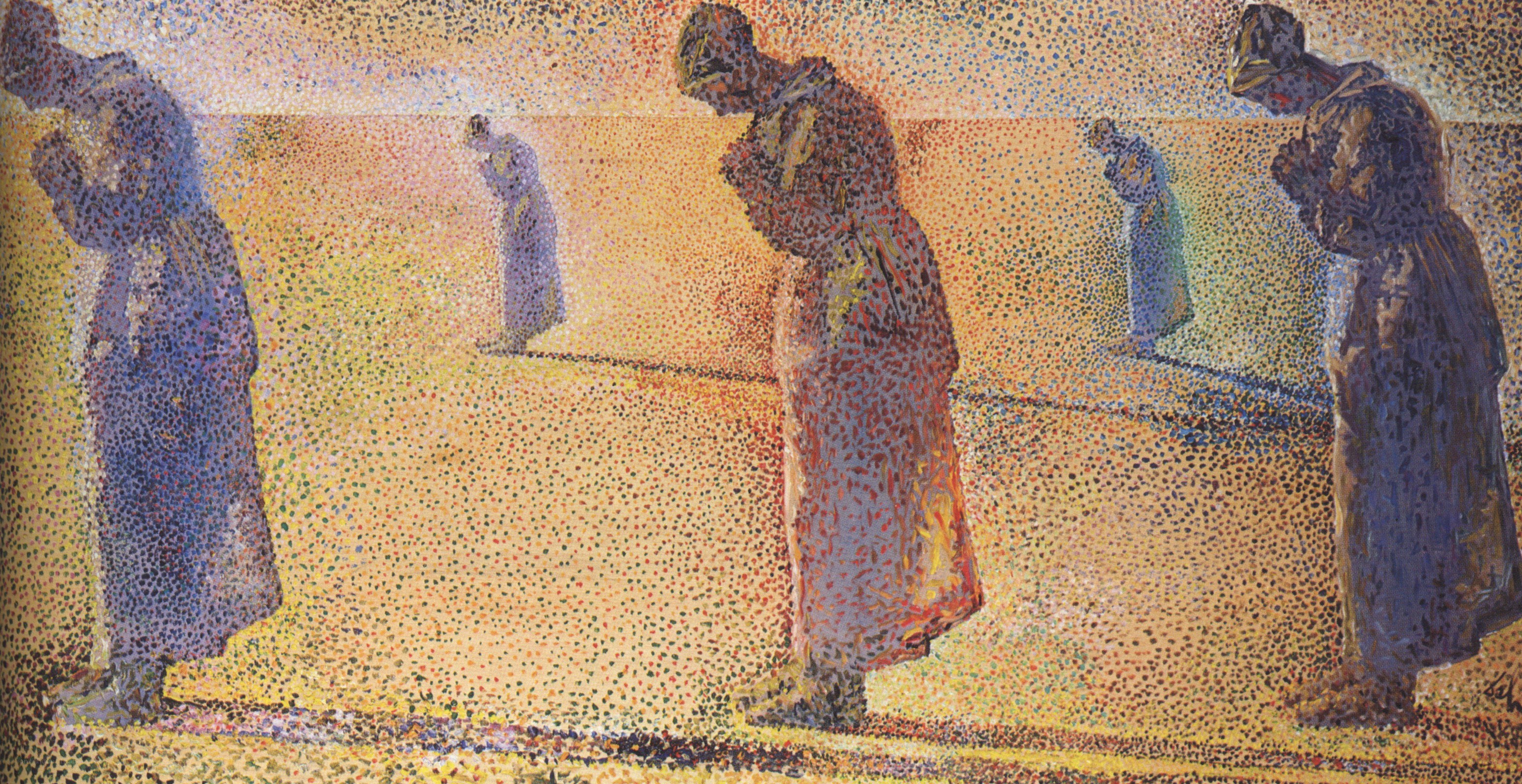 Pointillist figures in a field
