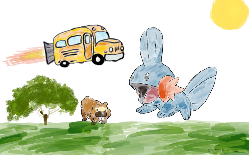 Pokémon and school bus scene