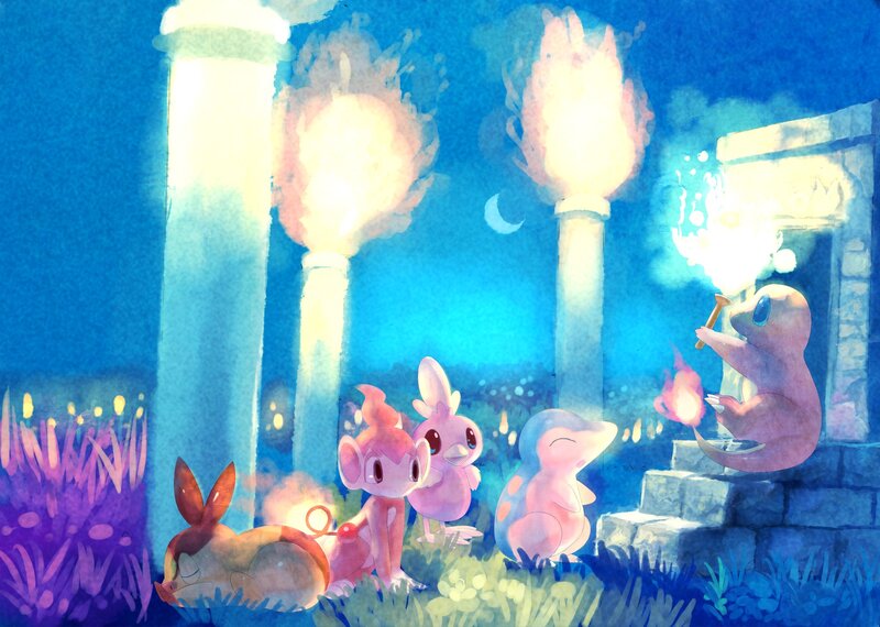 Pokémon at a torch-lit ruin