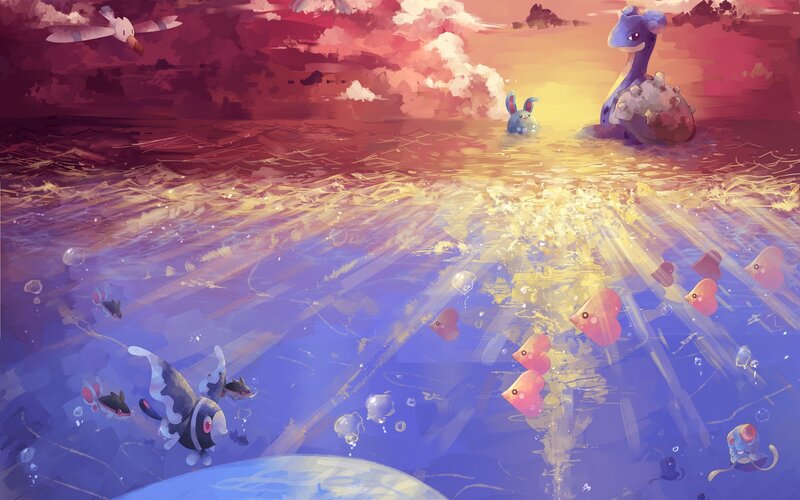 Pokémon at sunset by the sea