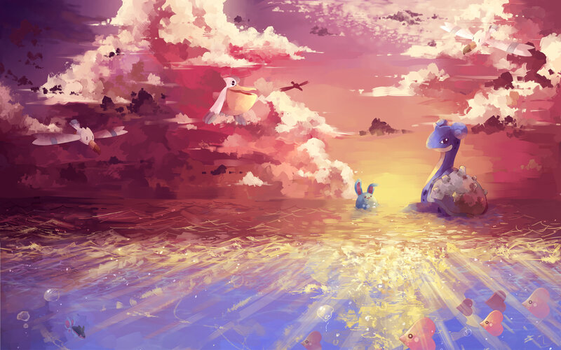 Pokémon at sunset by the sea