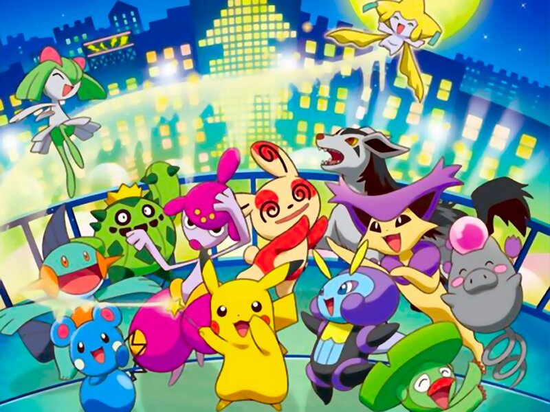 Pokémon characters in a city