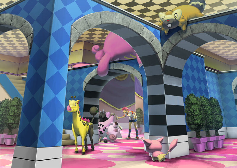 Pokémon characters in a colorful hall