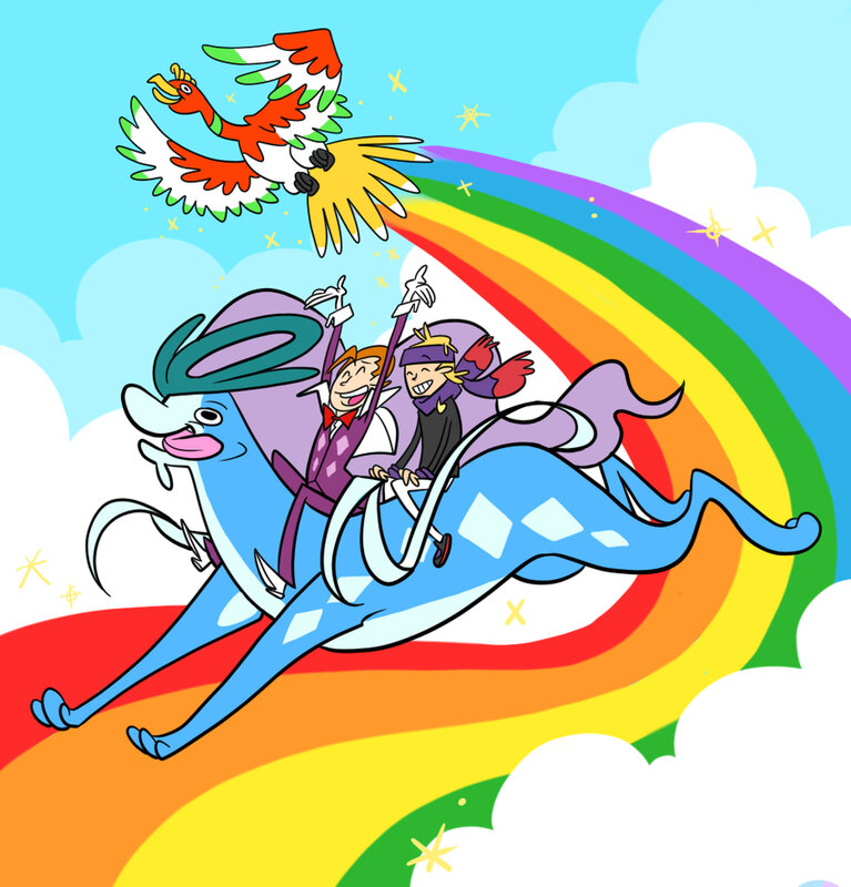 Pokémon characters on a rainbow ride