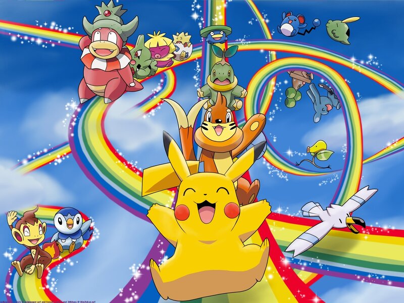 Pokémon characters on rainbow paths