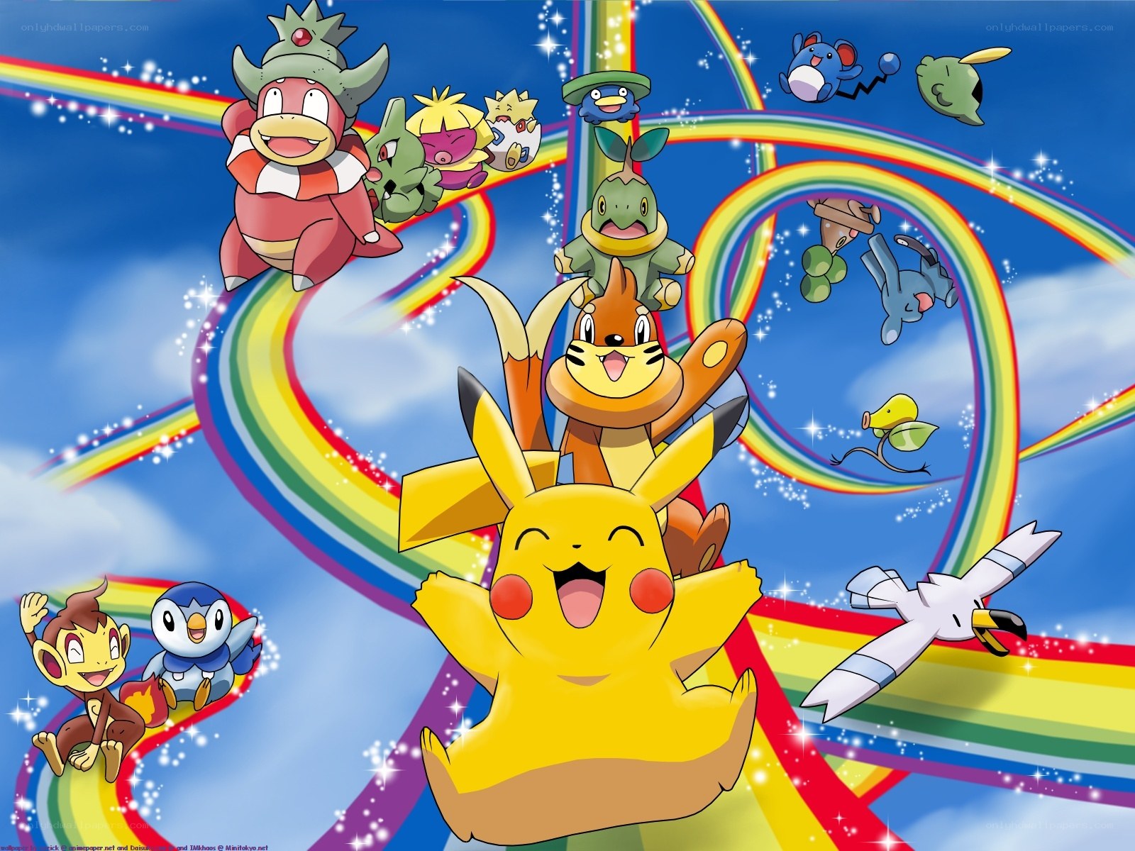 Pokémon characters on rainbow paths