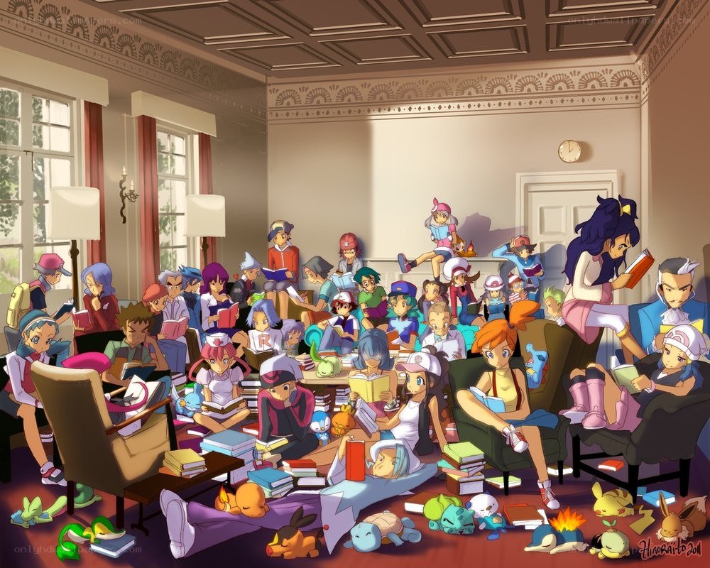 Pokémon characters reading in a library