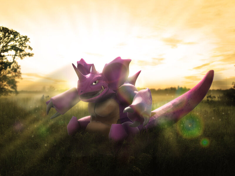 Pokémon in a field at sunset