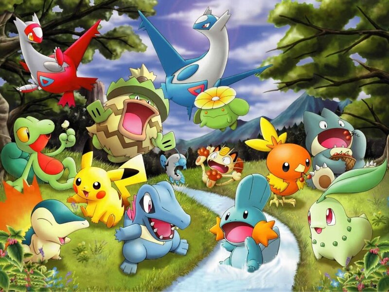 Pokémon in a Forest — Green, Playful, Afternoon, Anime
