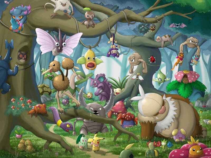 Pokémon in a Forest — Green, Playful, Afternoon, Digital Art, Tree